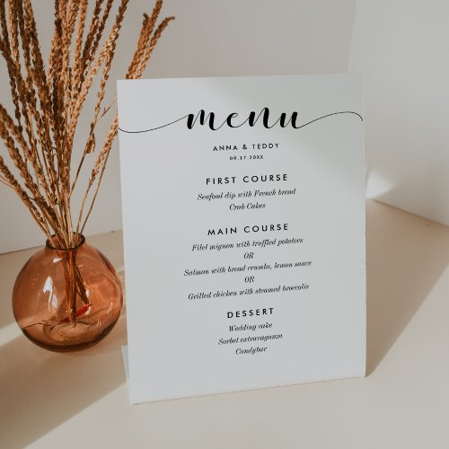 Elegant black and white wedding menu pedestal sign