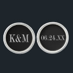 Elegant Black and White Wedding Monogram Groom Cufflinks<br><div class="desc">Personalized wedding cufflink design for the groom features a monogram of the couple's initials and wedding date.  Black background and white text colors can be modified to coordinate with any wedding color scheme.</div>