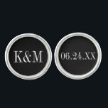 Elegant Black and White Wedding Monogram Groom Cufflinks<br><div class="desc">Personalized wedding cufflink design for the groom features a monogram of the couple's initials and wedding date.  Black background and white text colors can be modified to coordinate with any wedding color scheme.</div>