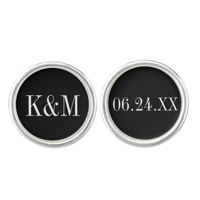 Elegant Black and White Wedding Monogram Groom Cufflinks (Front)