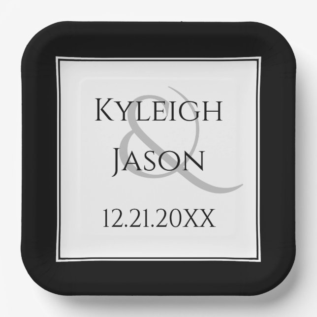Elegant Black and White Wedding Paper Plates (Front)