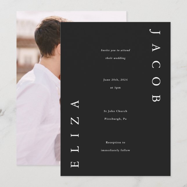 Elegant Black and White Wedding Photo Invitation (Front/Back)