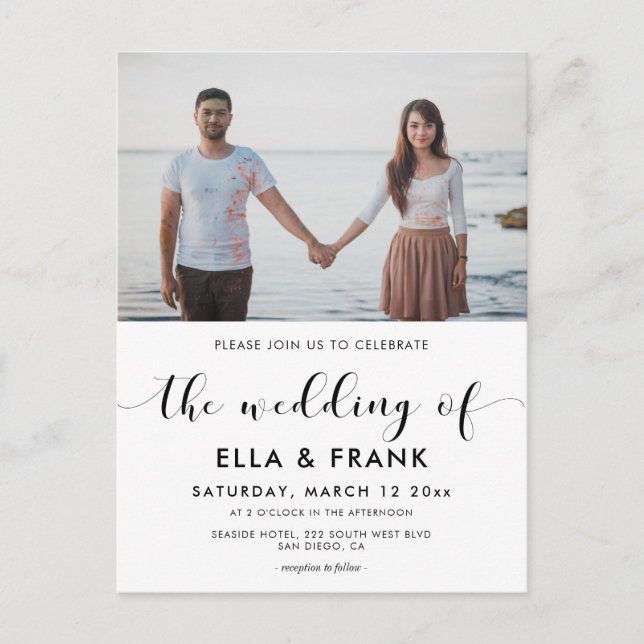 Elegant black and white wedding photo invitation postcard (Front)