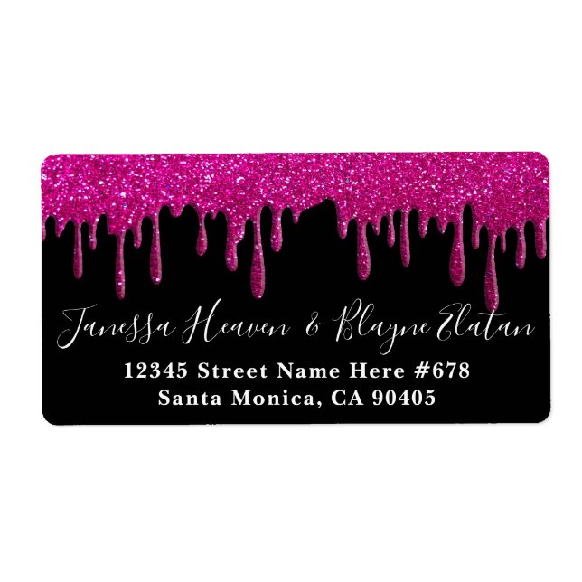 Elegant Black and White Wedding Pink Glitter Drips Label (Front)