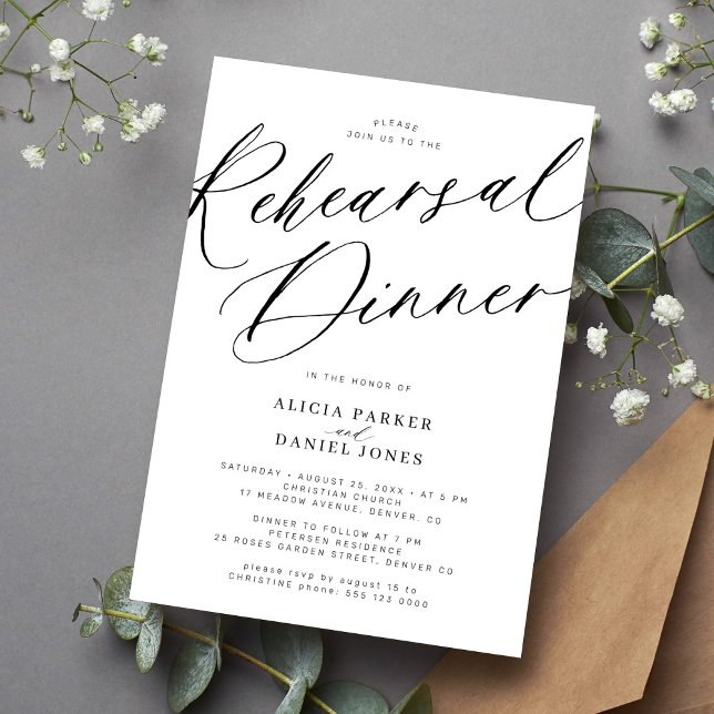 Elegant black and white wedding rehearsal dinner invitation (Creator Uploaded)