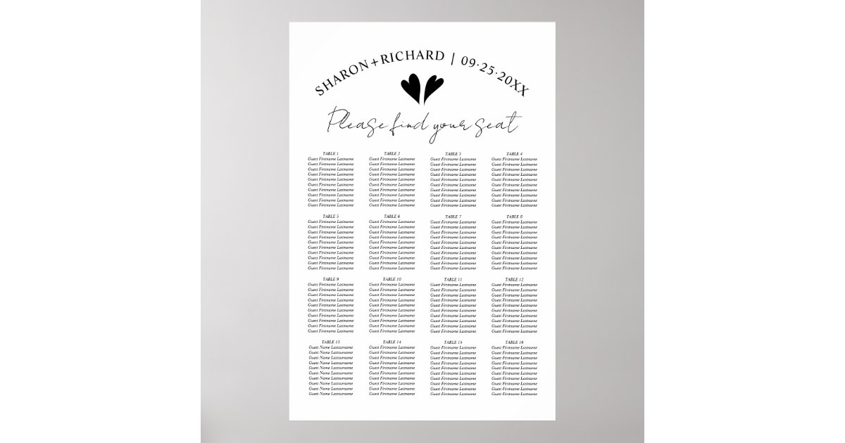 Elegant black and white wedding seating chart Zazzle