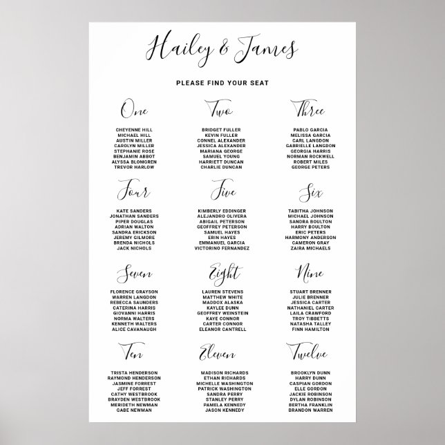 Elegant Black and White Wedding Seating Chart (Front)