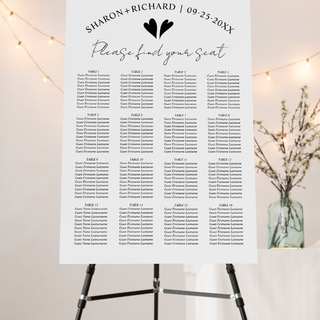 Elegant black and white wedding seating chart foam board (In Situ (Stand))