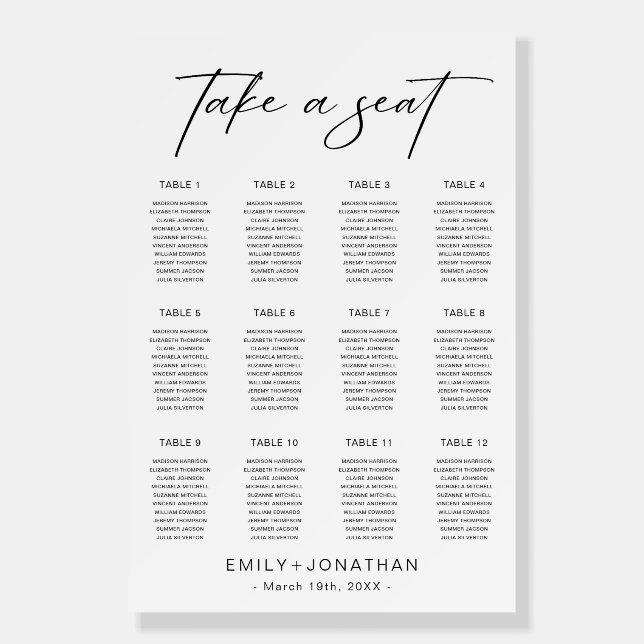 Elegant Black and White Wedding Seating Chart Foam Board (Front)