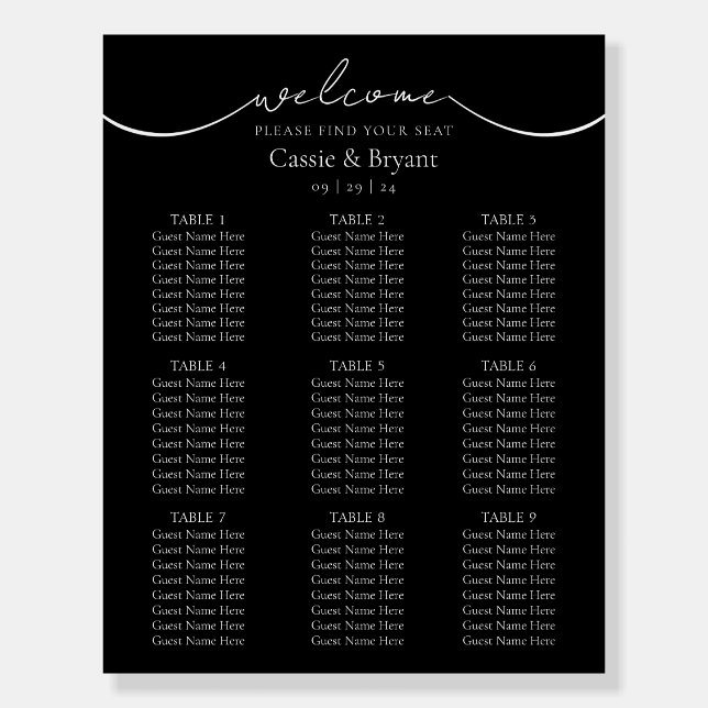Elegant Black and White Wedding Seating Chart Foam Board (Front)