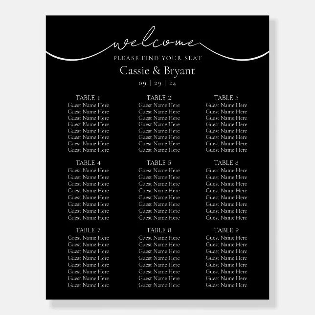 Elegant Black and White Wedding Seating Chart Foam Board | Zazzle