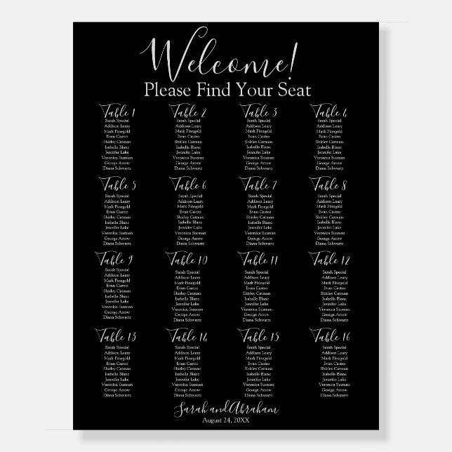 Elegant Black and White Wedding Seating Chart Foam Board (Front)