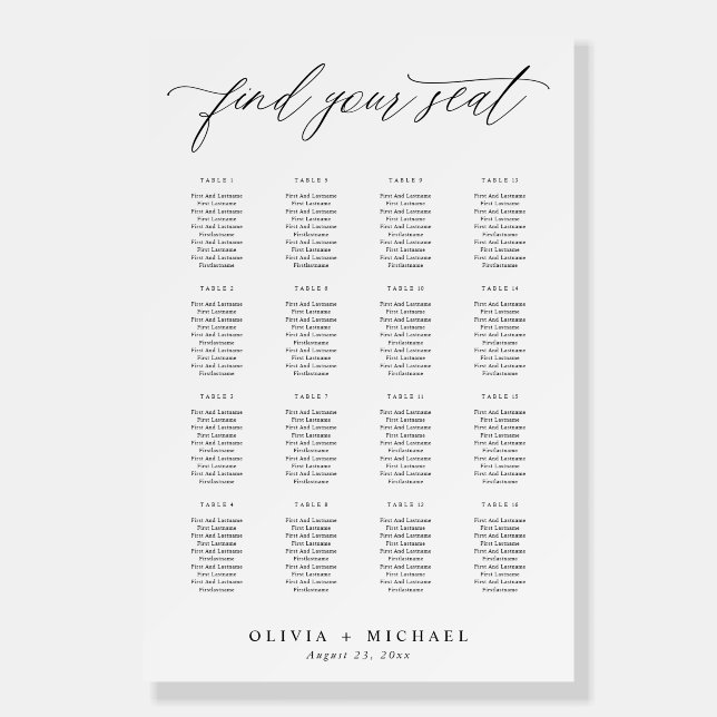 Elegant Black and White Wedding Seating Chart Foam Board (Front)
