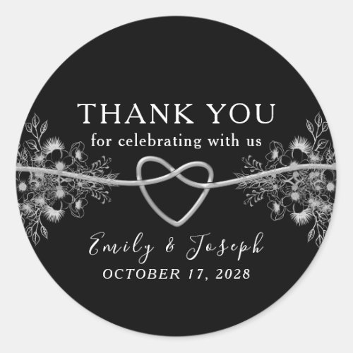 Elegant Black and White Wedding Thank You Classic Round Sticker