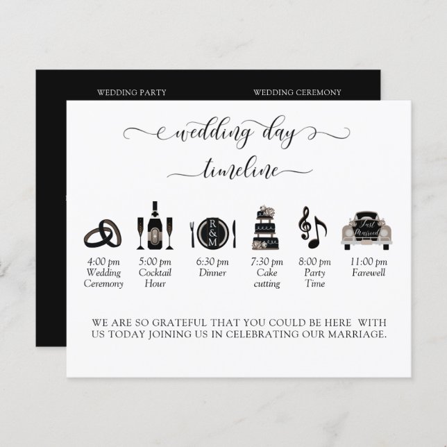 Elegant Black and White Wedding Timeline, Program (Front/Back)