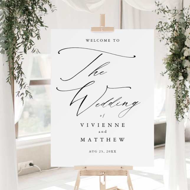 Elegant Black and White Wedding Welcome Easel Foam Board (Elegant Script Black and White Wedding Welcome Easel Sign.)