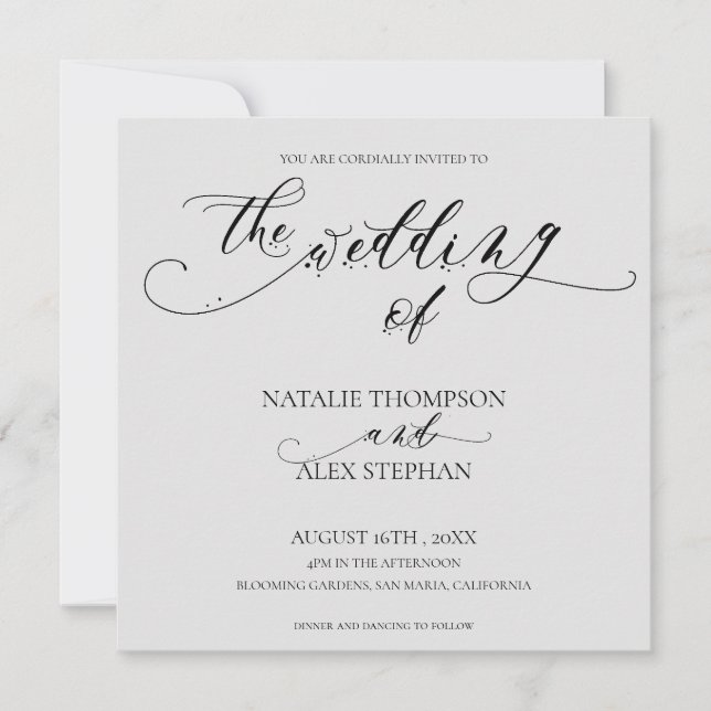 Elegant Black And White Whimsical Script Wedding Invitation (Front)