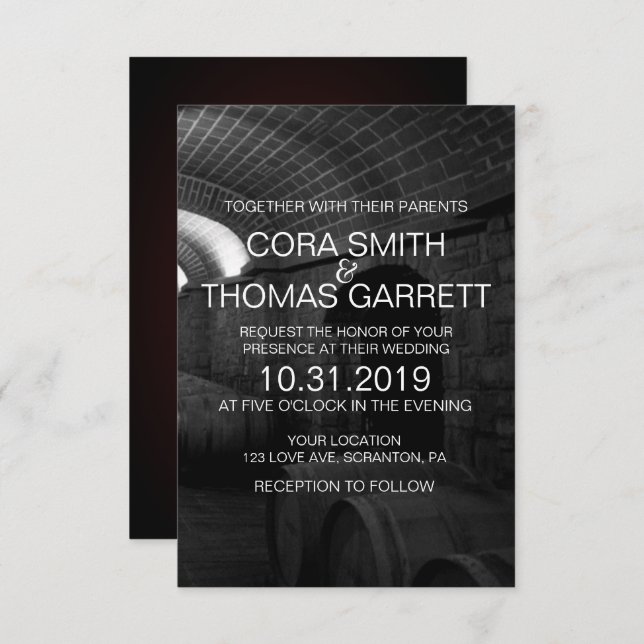 Elegant Black and White Wine Cellar Wedding Card (Front/Back)