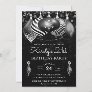 Elegant Black and White Winter Baubles Birthday Invitation