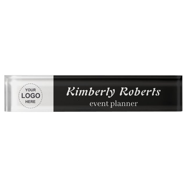 Elegant Black and White with Custom Business Logo Desk Name Plate (Front)