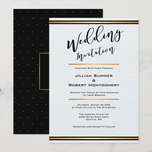 Elegant Black and White With Gold Wedding Invitation (Front/Back)