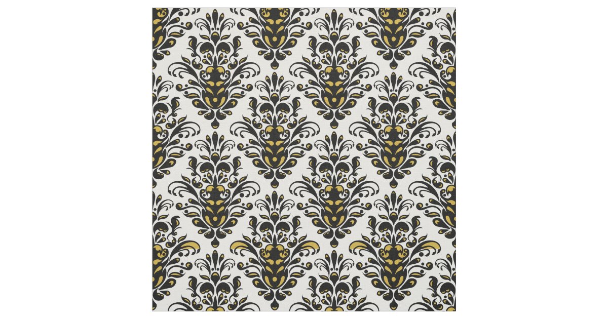 Elegant black and white with touch of gold damask fabric Zazzle