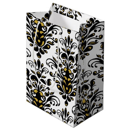 Elegant  black and white with touch of gold damask medium gift bag