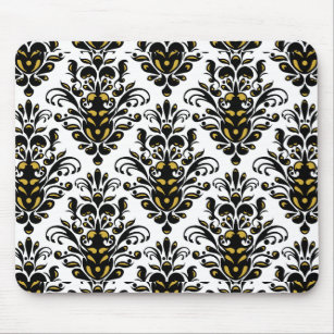 Elegant  black and white with touch of gold damask mouse pad