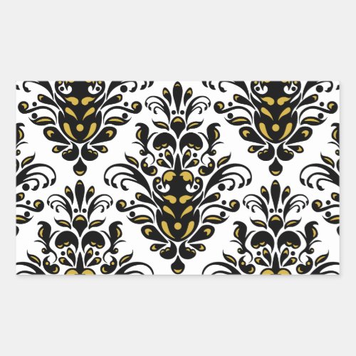 Elegant  black and white with touch of gold damask rectangular sticker
