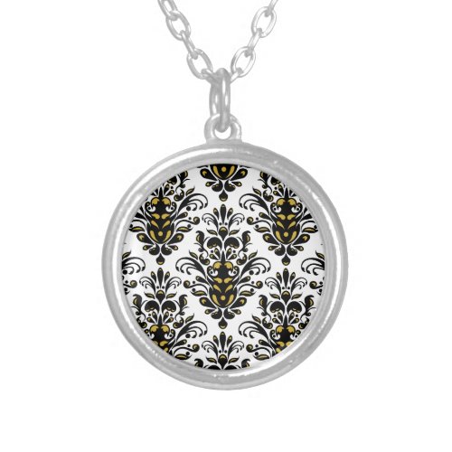 Elegant  black and white with touch of gold damask silver plated necklace