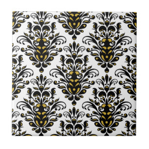 Elegant  black and white with touch of gold damask tile