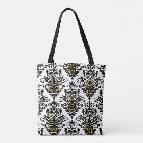 Elegant  black and white with touch of gold damask tote bag