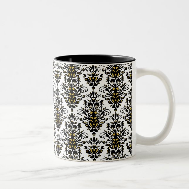 Elegant  black and white with touch of gold damask Two-Tone coffee mug (Right)