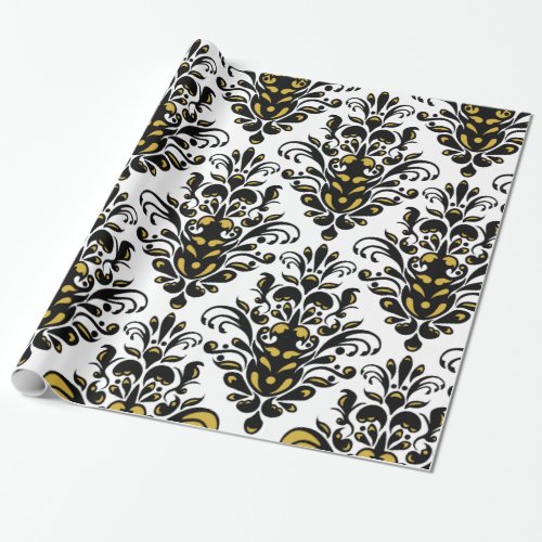 Elegant  black and white with touch of gold damask wrapping paper