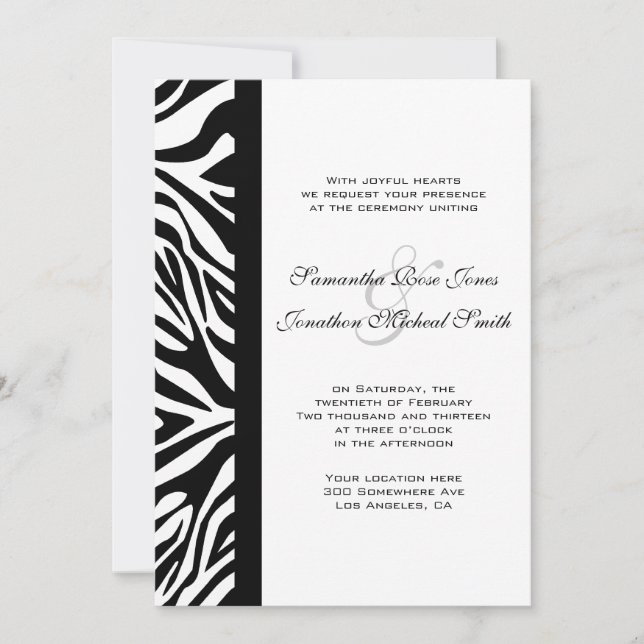Elegant Black and White Zebra Custom Wedding Invitation (Front)