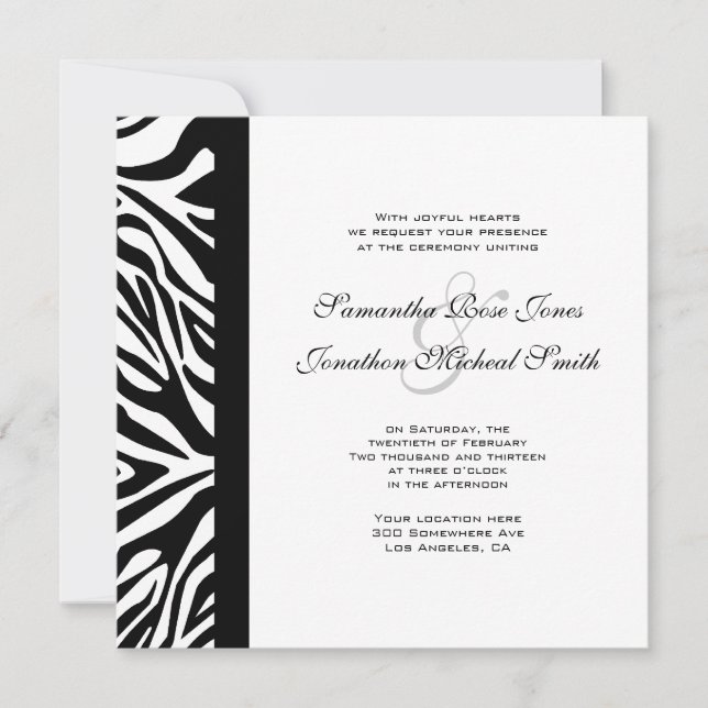 Elegant Black and White Zebra Custom Wedding Invitation (Front)