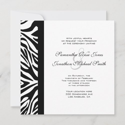 Elegant Black and White Zebra Custom Wedding Personalized Invitation