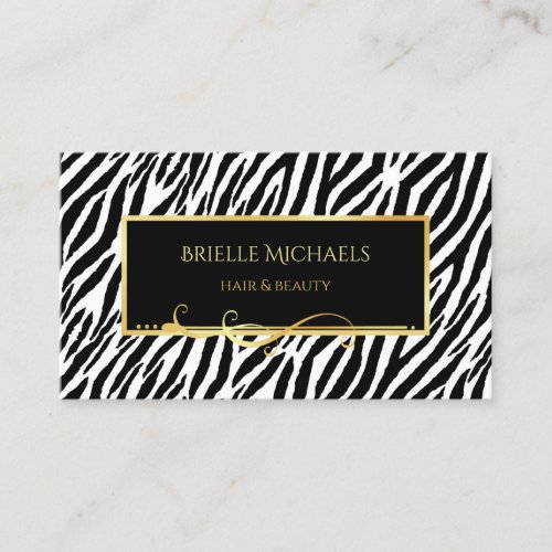 Elegant Black and White Zebra Print Gold Salon Business Card