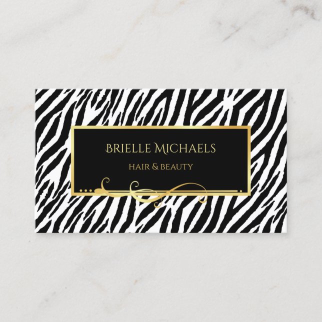 Elegant Black and White Zebra Print Gold Salon Business Card (Front)