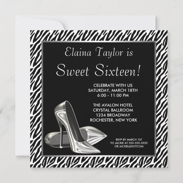 Elegant Black and White Zebra Sweet 16 Party Invitation (Front)