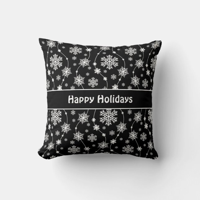 Elegant Black and Winter White Snowflake Patterns Throw Pillow (Front)