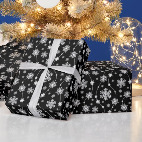 Elegant Black and Winter White Snowflake Patterns Wrapping Paper