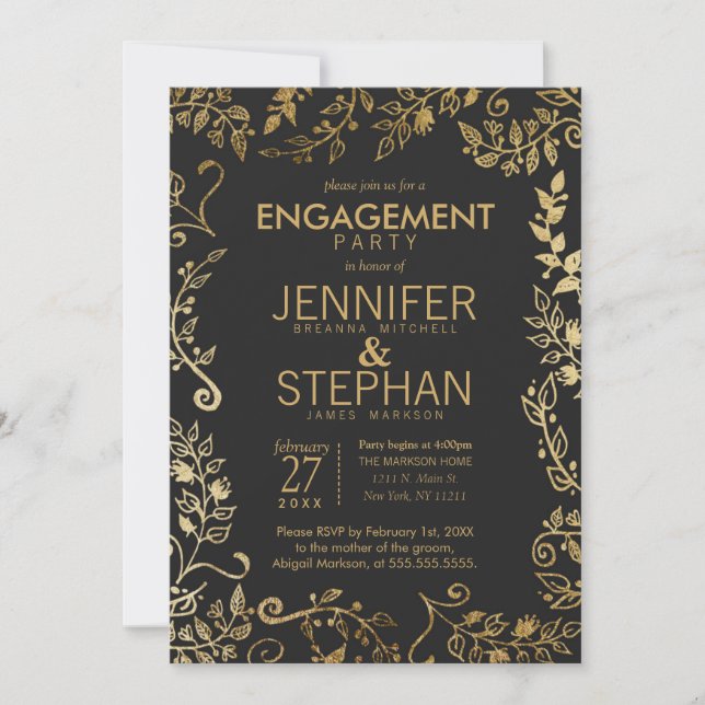 Elegant Black and Yellow Gold Floral Engagement Invitation (Front)
