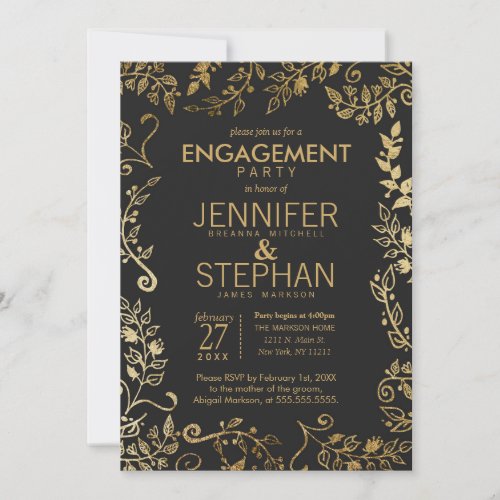 Elegant Black and Yellow Gold Floral Engagement Invitation