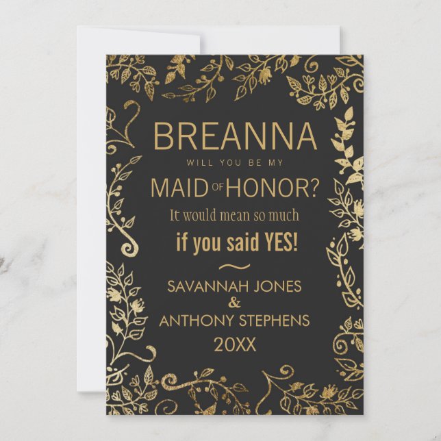 Elegant Black and Yellow Gold Floral Maid of Honor Invitation (Front)