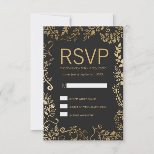 Elegant Black and Yellow Gold Floral RSVP Cards