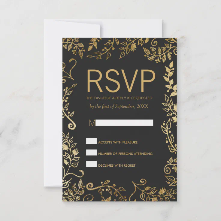 Elegant Black and Yellow Gold Floral RSVP Cards | Zazzle