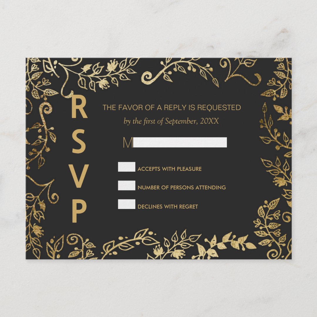 Elegant Black and Yellow Gold Floral RSVP Postcard | Zazzle