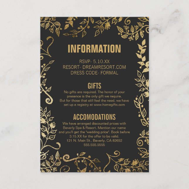 Elegant Black and Yellow Gold Floral Wedding Info Enclosure Card (Front)