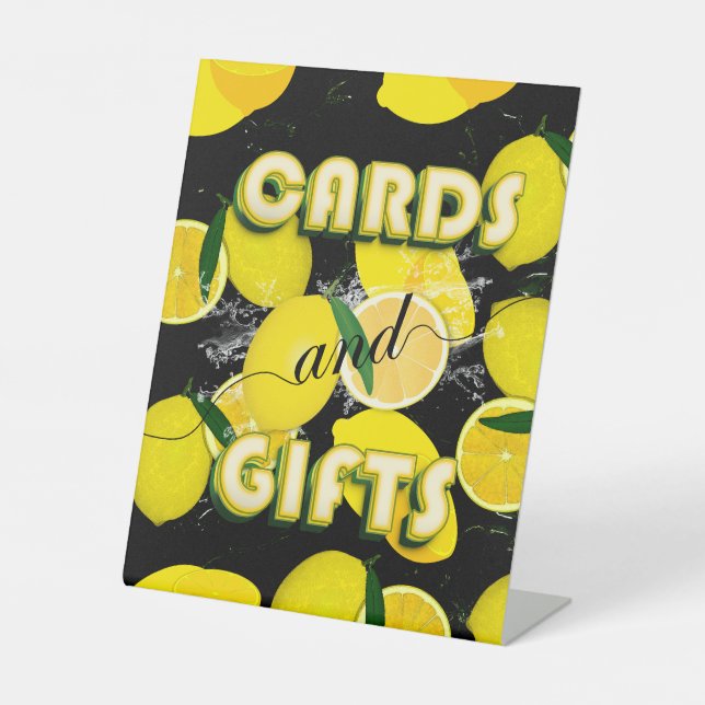 Elegant Black and Yellow Lemon Citrus Summer Party Pedestal Sign (Front)